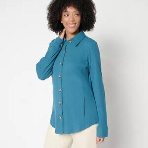 Belle by Kim Gravel Reg Waffle Knit & Jersey Button Front Top Mineral S A694610